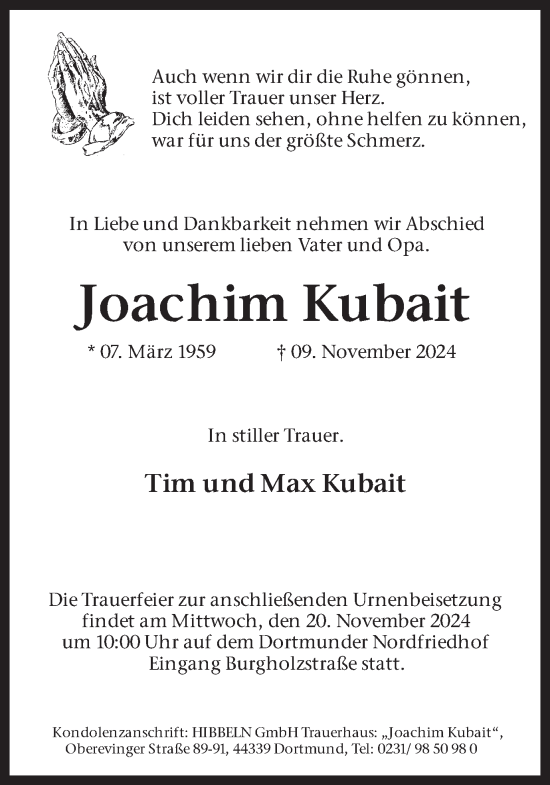 Traueranzeige von Joachim Kubait von Ruhr Nachrichten