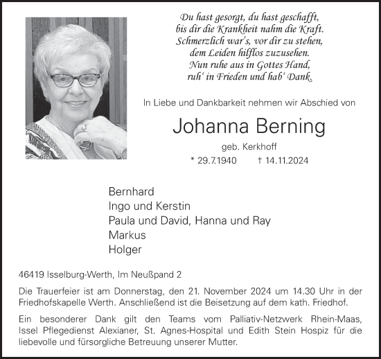 Traueranzeige von Johanna Berning von Bocholter-Borkener Volksblatt