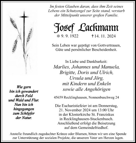 Traueranzeige von Josef Lackmann von Trauer Vest