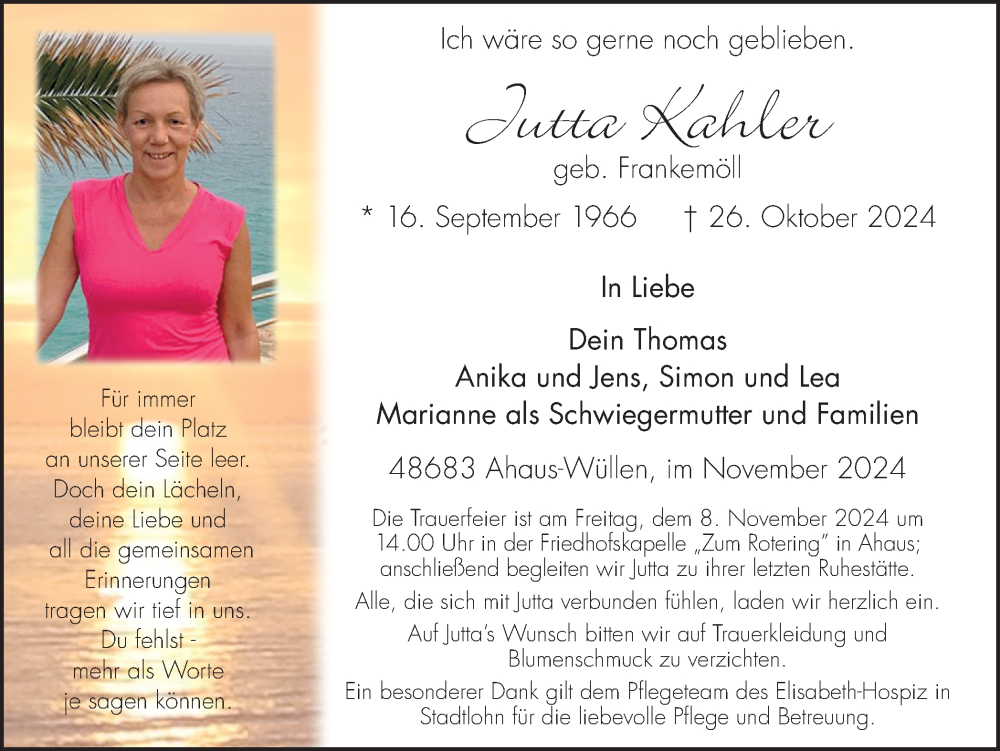  Traueranzeige für Jutta Kahler vom 02.11.2024 aus Münsterland Zeitung