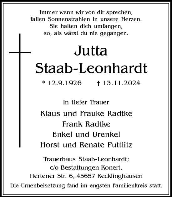 Traueranzeige von Jutta Staab-Leonhardt von Trauer Vest