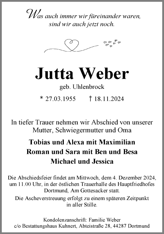 Traueranzeige von Jutta Weber von Ruhr Nachrichten