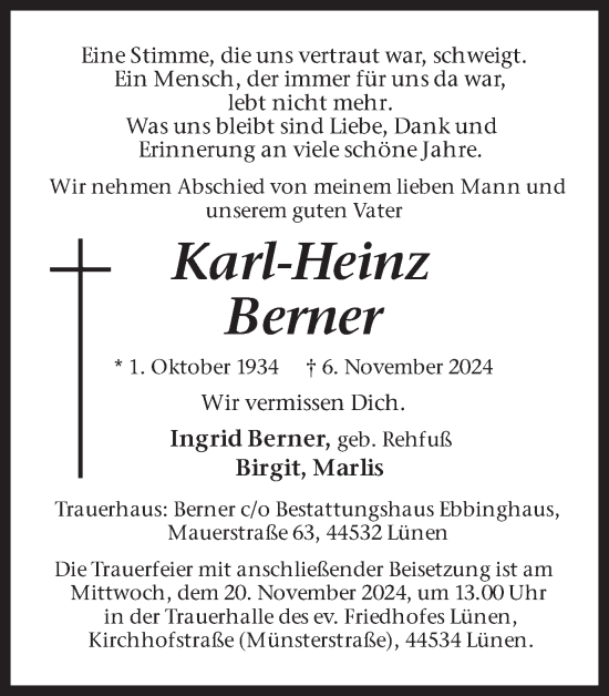 Traueranzeige von Karl-Heinz Berner von Ruhr Nachrichten