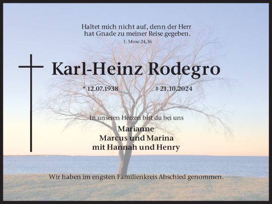 Traueranzeige von Karl-Heinz Rodegro von Ruhr Nachrichten und Dorstener Zeitung