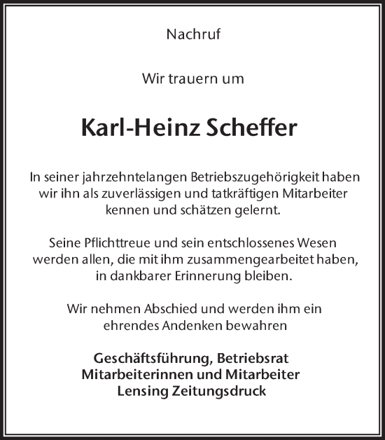 Traueranzeige von Karl-Heinz Scheffer von Ruhr Nachrichten