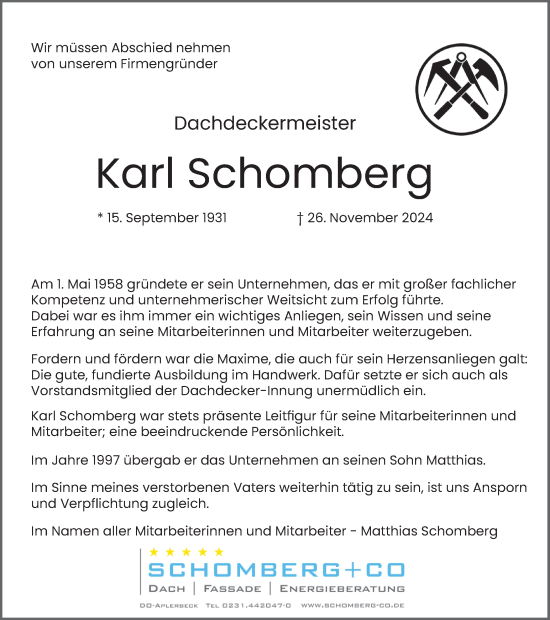 Traueranzeige von Karl Schomberg von Ruhr Nachrichten