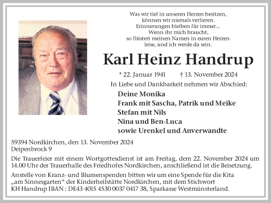 Traueranzeige von Karl Heinz Handrup von Ruhr Nachrichten