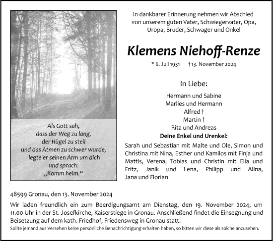 Traueranzeige von Klemens Niehoff-Renze von Münsterland Zeitung