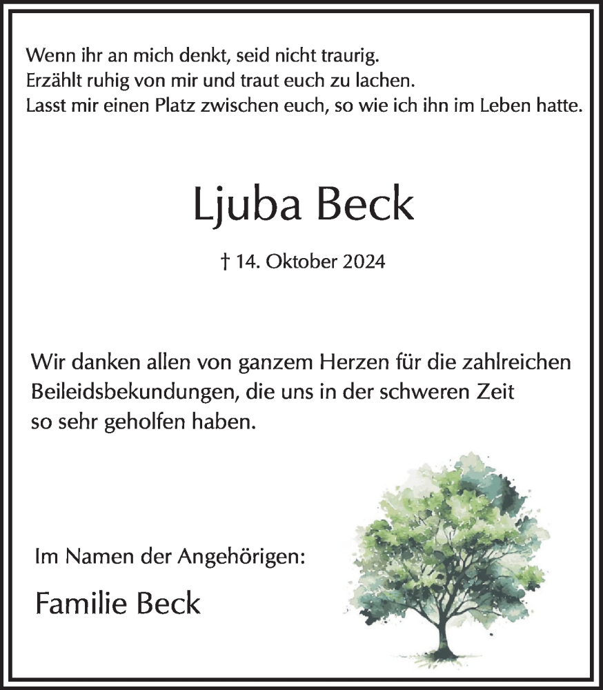  Traueranzeige für Ljuba Beck vom 22.11.2024 aus Hellweger Anzeiger
