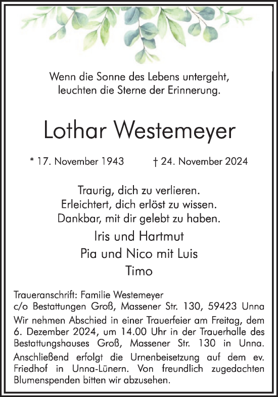 Traueranzeige von Lothar Westemeyer von Hellweger Anzeiger