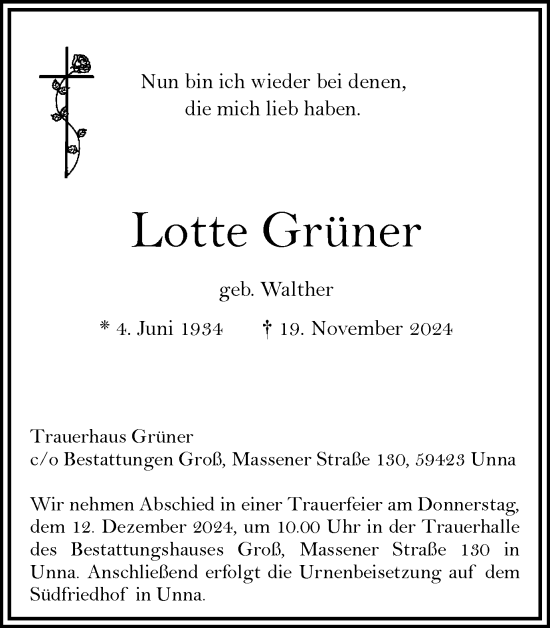 Traueranzeige von Lotte Grüner von Hellweger Anzeiger