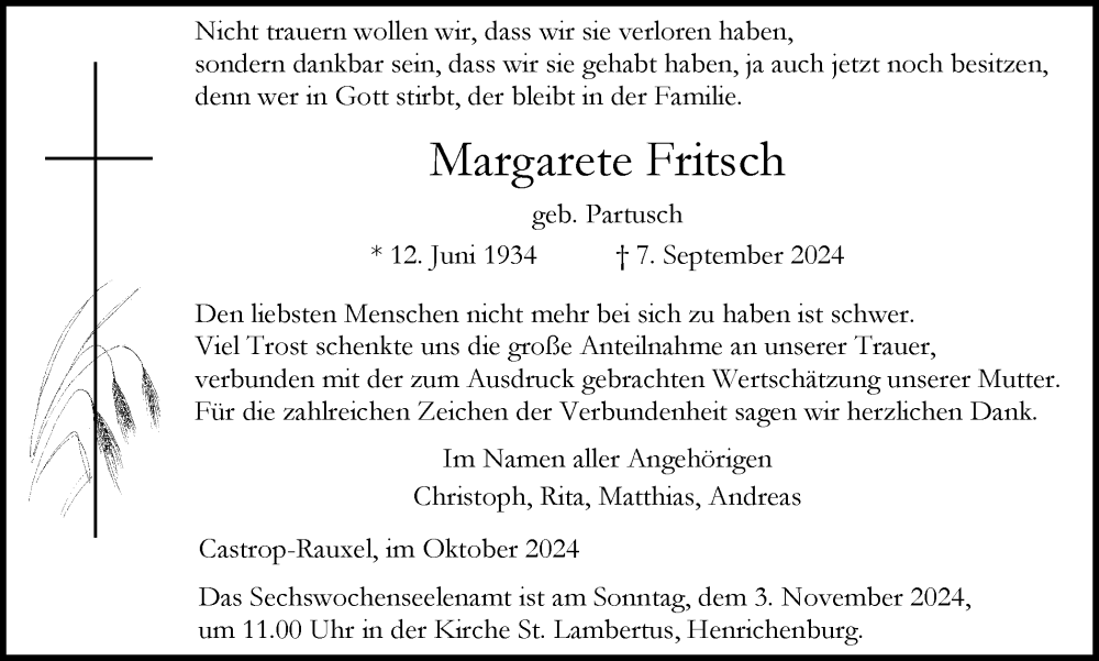  Traueranzeige für Margarete Fritsch vom 02.11.2024 aus Stadtanzeiger Castrop-Rauxel