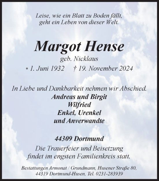 Traueranzeige von Margot Hense von Ruhr Nachrichten