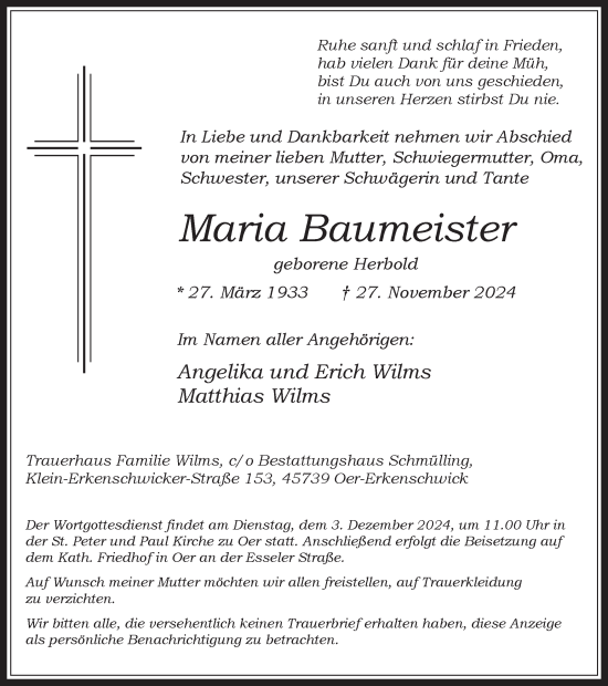 Traueranzeige von Maria Baumeister von Trauer Vest