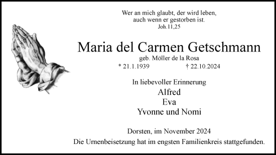 Traueranzeige von Maria del Carmen Getschmann von Ruhr Nachrichten und Dorstener Zeitung