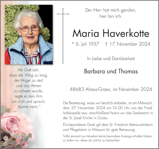 Traueranzeige von Maria Haverkotte von Hellweger Anzeiger