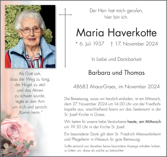 Traueranzeige von Maria Haverkotte von Münsterland Zeitung