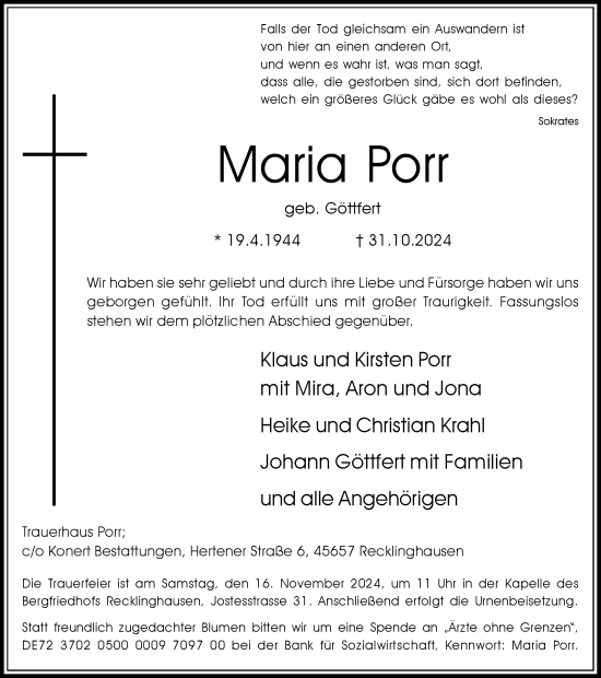 Traueranzeige von Maria Porr von Trauer Vest