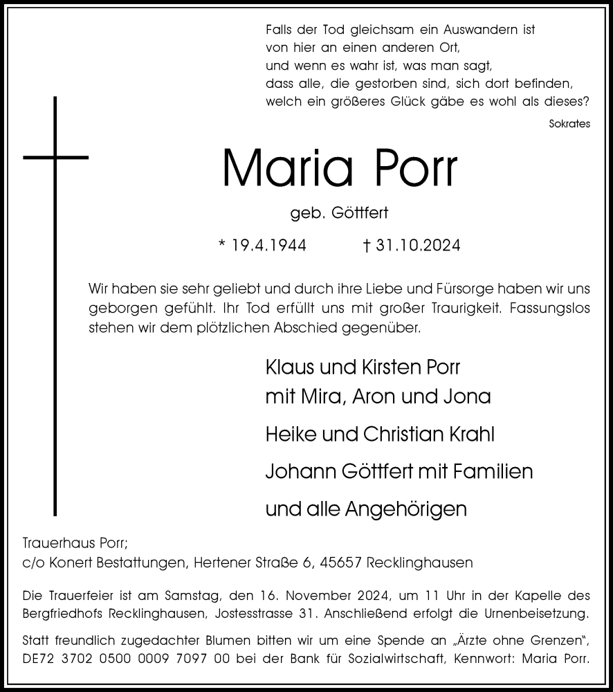  Traueranzeige für Maria Porr vom 09.11.2024 aus Trauer Vest