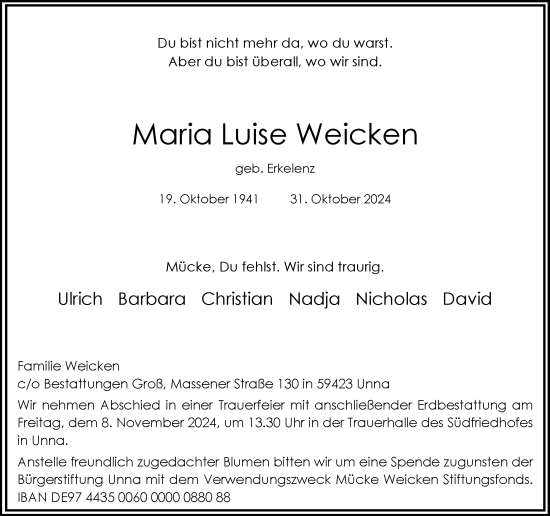 Traueranzeige von Maria Luise Weicken von Hellweger Anzeiger