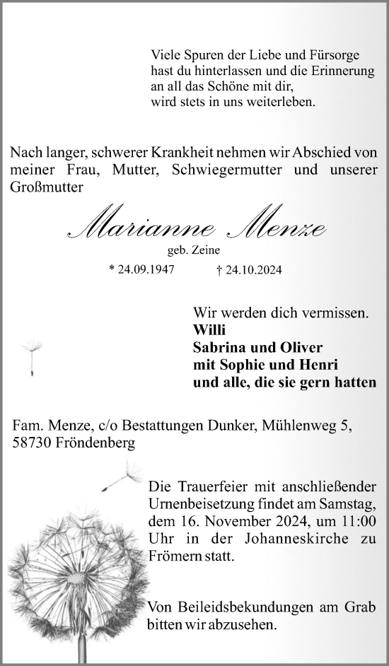 Traueranzeige von Marianne Menze von Hellweger Anzeiger