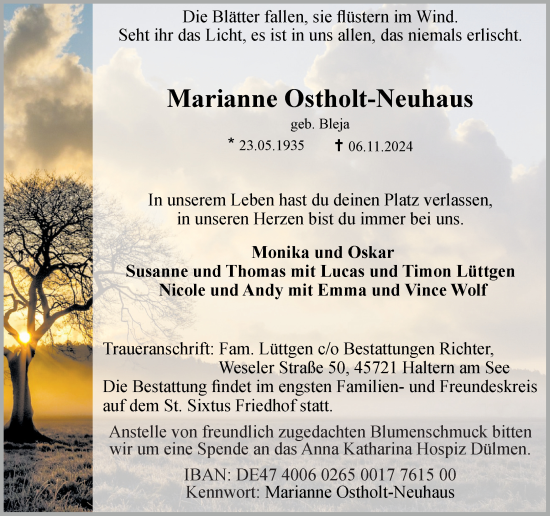 Traueranzeige von Marianne Ostholt-Neuhaus von Ruhr Nachrichten und Halterner Zeitung