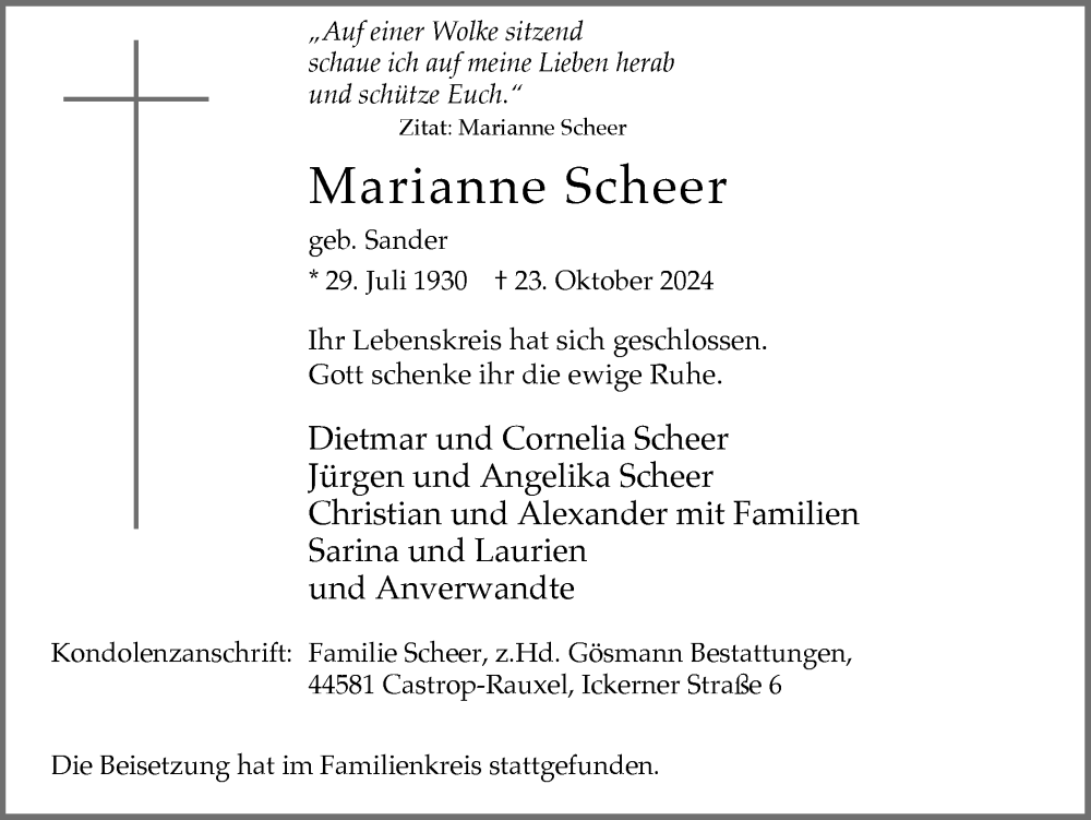  Traueranzeige für Marianne Scheer vom 02.11.2024 aus Stadtanzeiger Castrop-Rauxel