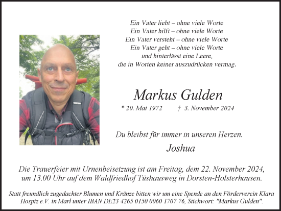 Traueranzeige von Markus Gulden von Ruhr Nachrichten und Dorstener Zeitung