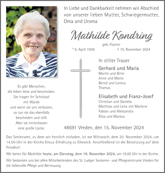 Traueranzeige von Mathilde Kondring von Münsterland Zeitung