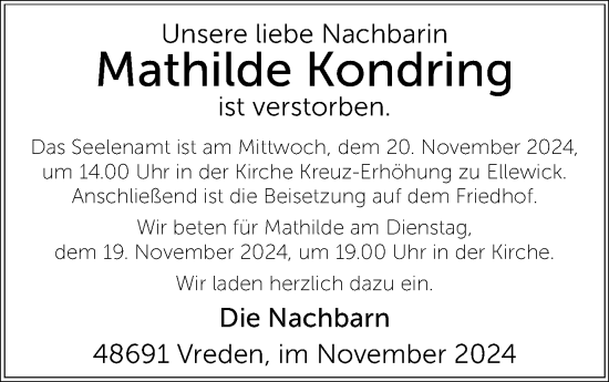 Traueranzeige von Mathilde Kondring von Münsterland Zeitung