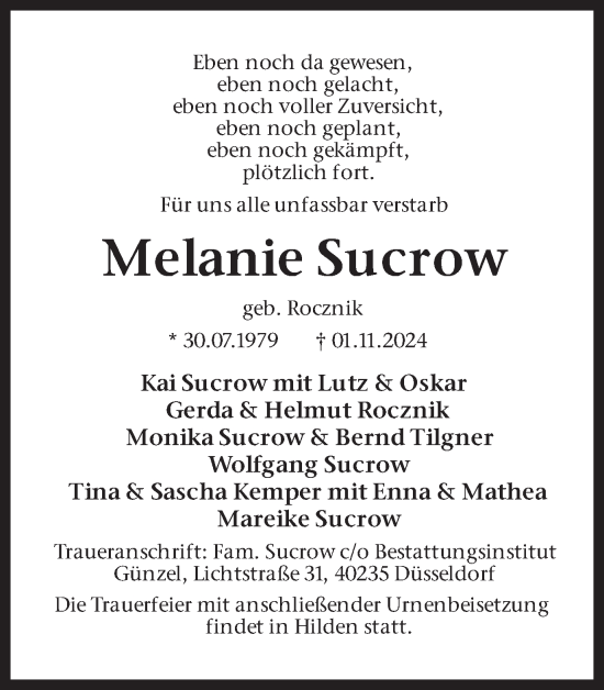 Traueranzeige von Melanie Sucrow von Hellweger Anzeiger