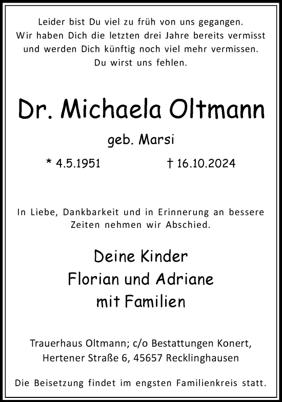 Traueranzeige von Michaela Oltmann von Trauer Vest