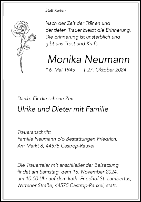 Traueranzeige von Monika Neumann von Stadtanzeiger Castrop-Rauxel