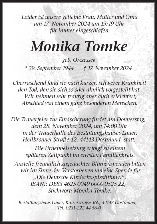 Traueranzeige von Monika Tomke von Ruhr Nachrichten