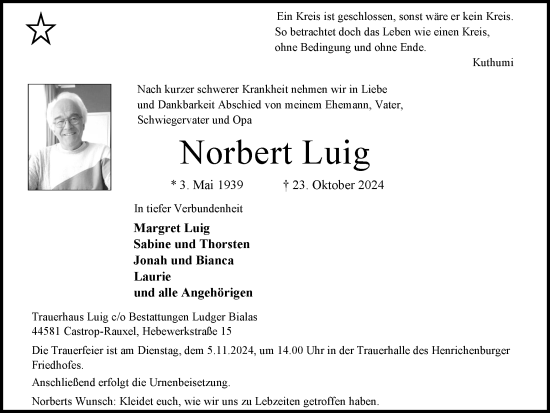 Traueranzeige von Norbert Luig von Stadtanzeiger Castrop-Rauxel