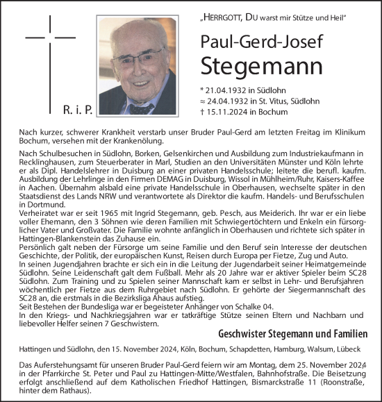 Traueranzeige von Paul-Gerd-Josef Stegemann von Münsterland Zeitung