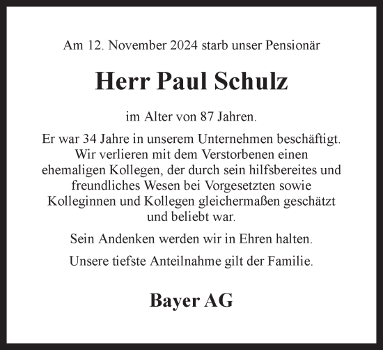 Traueranzeige von Paul Schulz von Hellweger Anzeiger