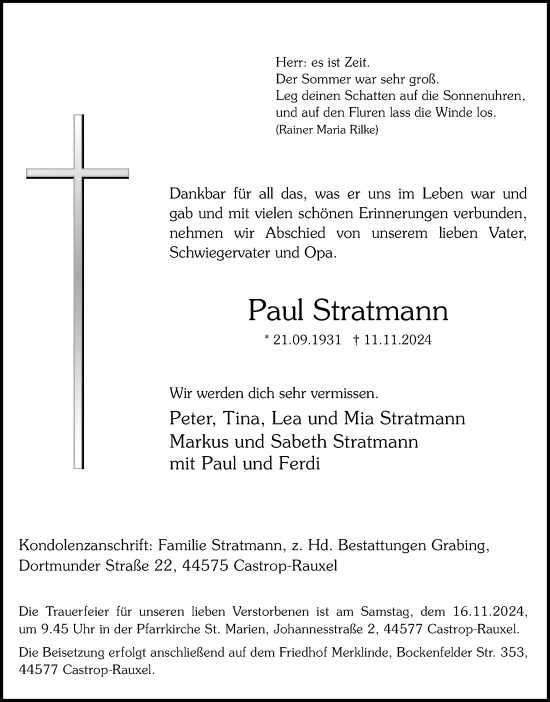 Traueranzeige von Paul Stratmann von Ruhr Nachrichten