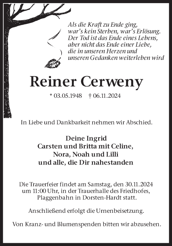 Traueranzeige von Reiner Cerweny von Ruhr Nachrichten und Dorstener Zeitung