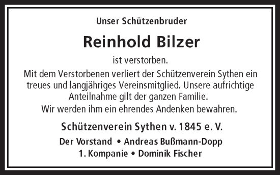 Traueranzeige von Reinhold Bilzer von Ruhr Nachrichten und Halterner Zeitung