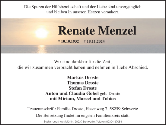 Traueranzeige von Renate Menzel von Ruhr Nachrichten