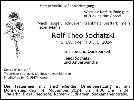 Traueranzeige von Rolf Theo Sochatzki von Hellweger Anzeiger