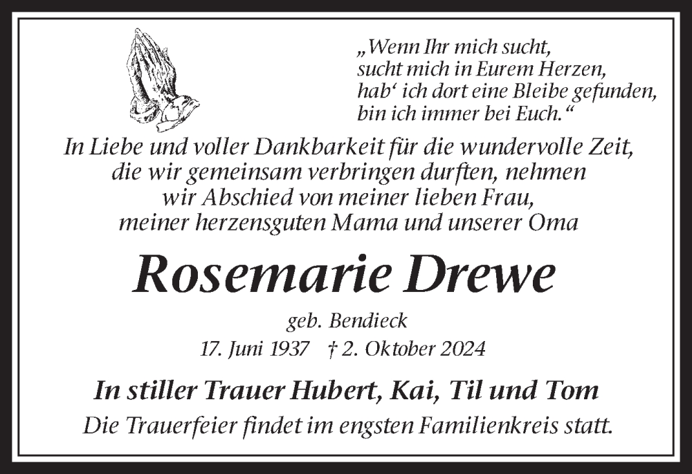  Traueranzeige für Rosemarie Drewe vom 02.11.2024 aus Trauer Vest