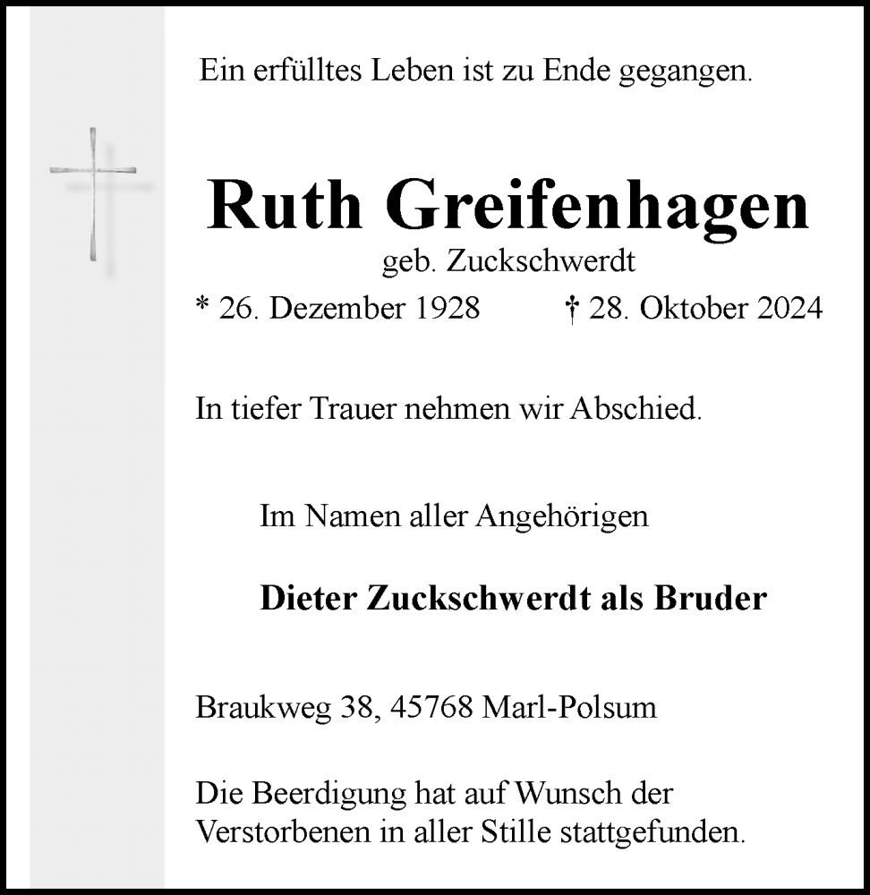  Traueranzeige für Ruth Greifenhagen vom 06.11.2024 aus Trauer Vest
