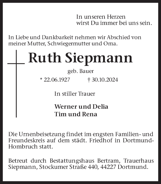 Traueranzeige von Ruth Siepmann von Ruhr Nachrichten