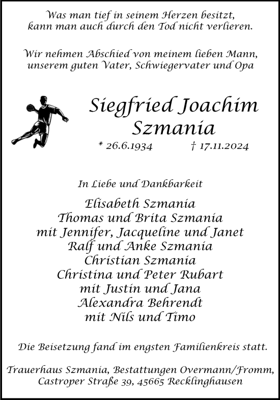 Traueranzeige von Siegfried Joachim Szmania von Trauer Vest