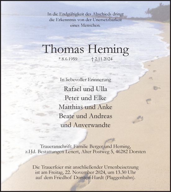 Traueranzeige von Thomas Heming von Ruhr Nachrichten und Dorstener Zeitung