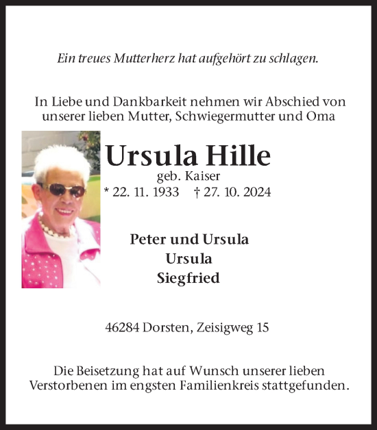 Traueranzeige von Ursula Hille von Ruhr Nachrichten und Dorstener Zeitung