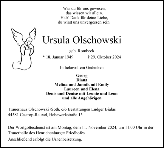 Traueranzeige von Ursula Olschowski von Stadtanzeiger Castrop-Rauxel