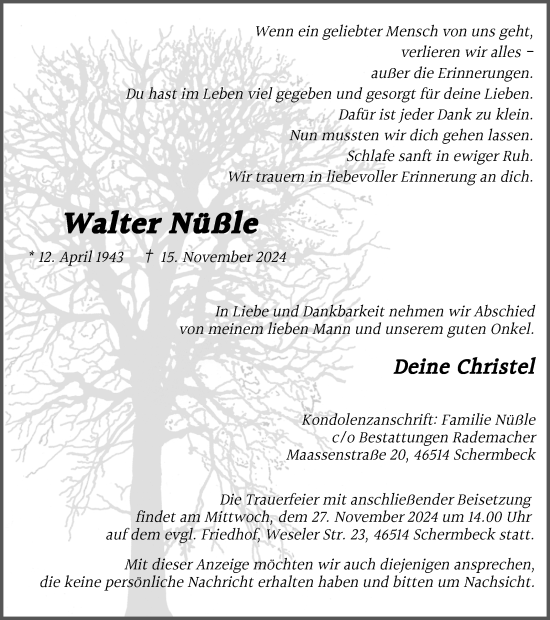 Traueranzeige von Walter Nüßle von Ruhr Nachrichten und Dorstener Zeitung